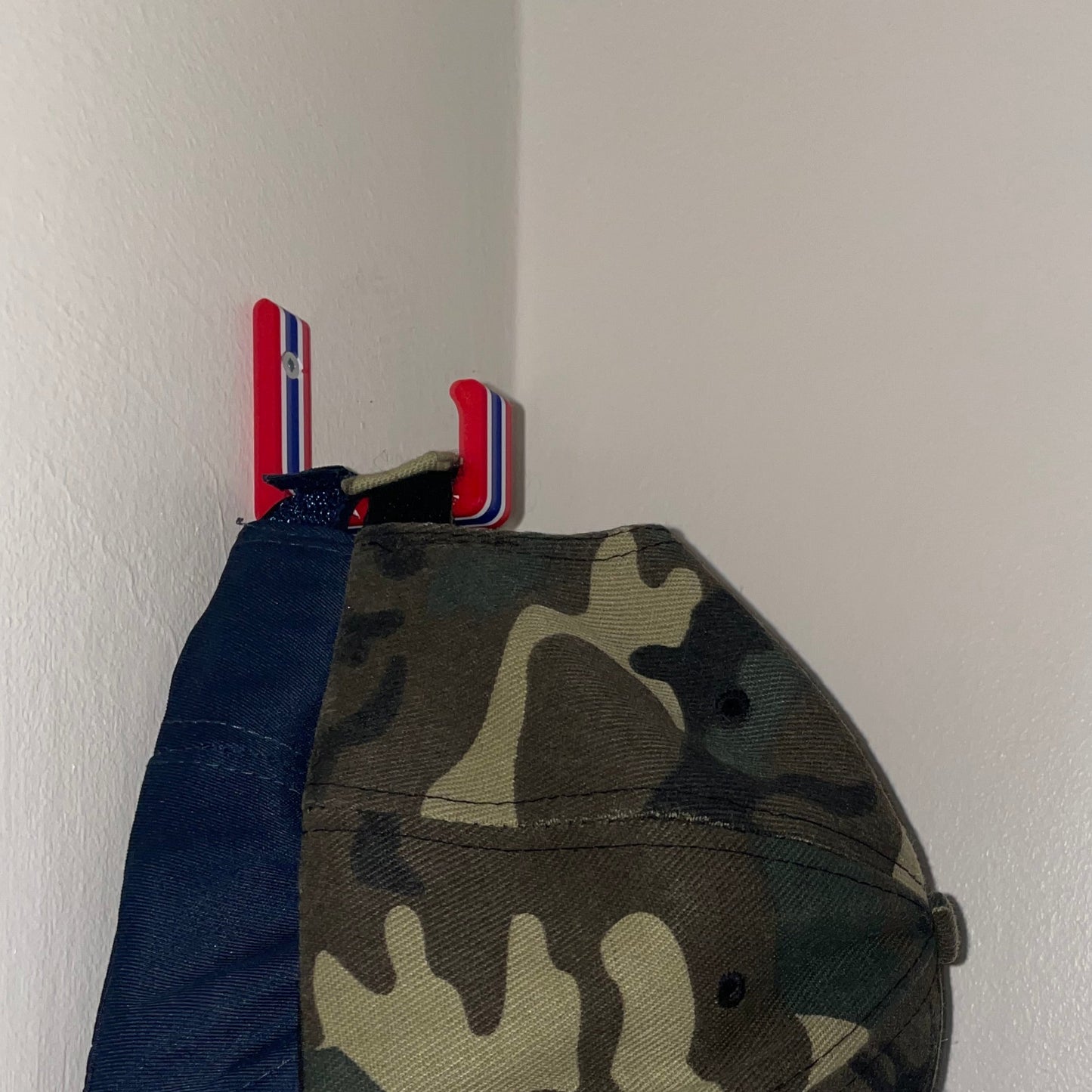 Cap Holder - Red White Blue - Wall Mounted - Side View - Close Up - Multi-Hat Storage