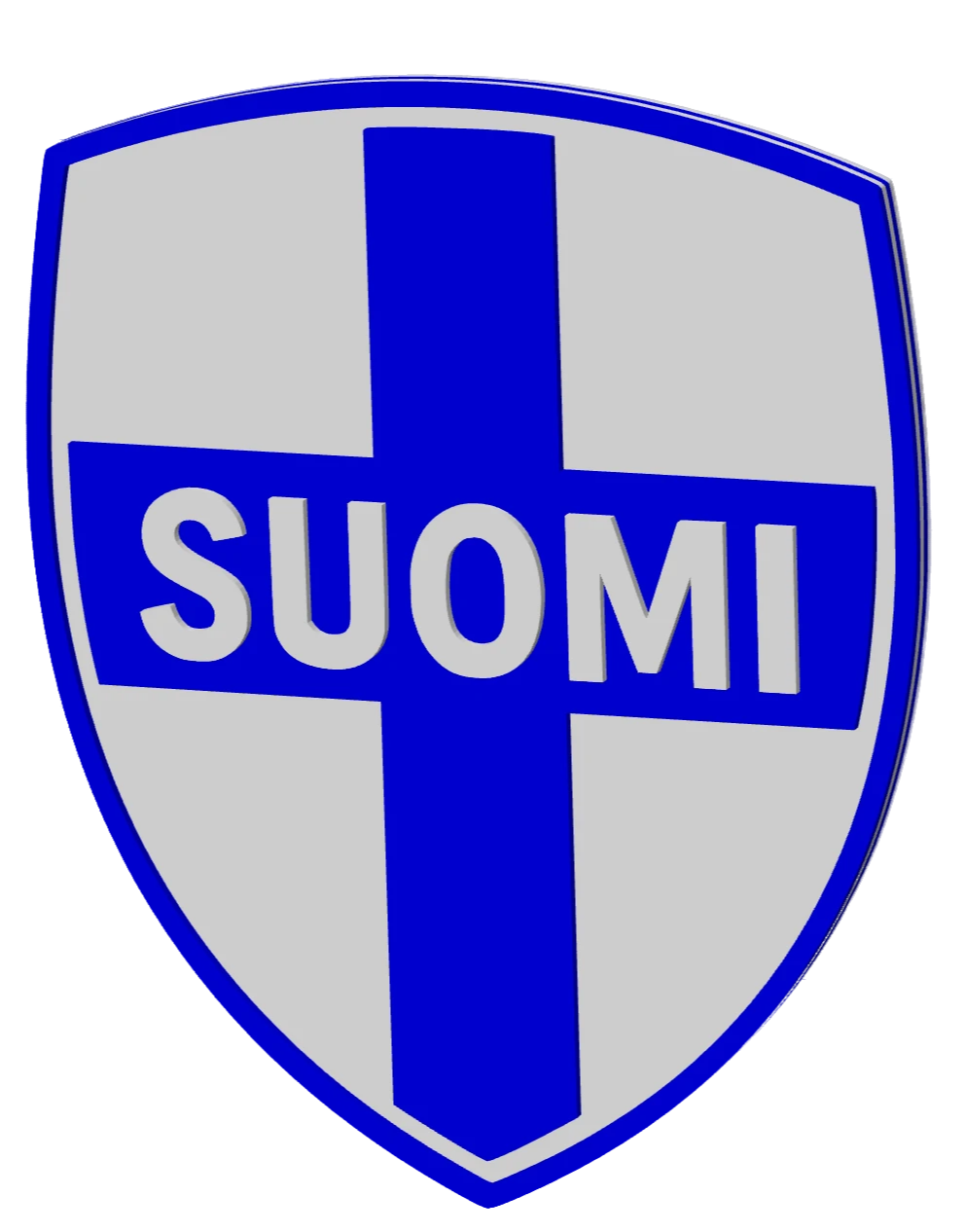 Shield-shaped logo with blue cross and 'SUOMI' text on a white background
