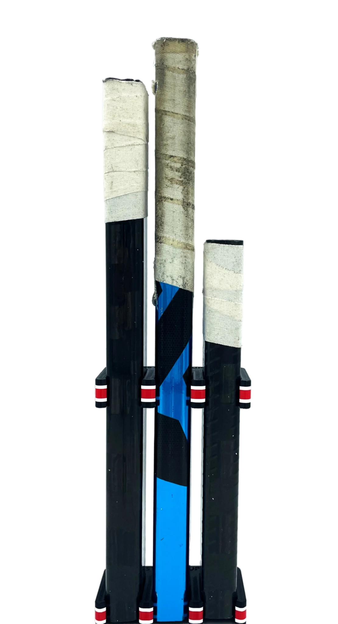 Three hockey sticks gripped with black, white, and red hockey Stick Em Ups on a transparent background