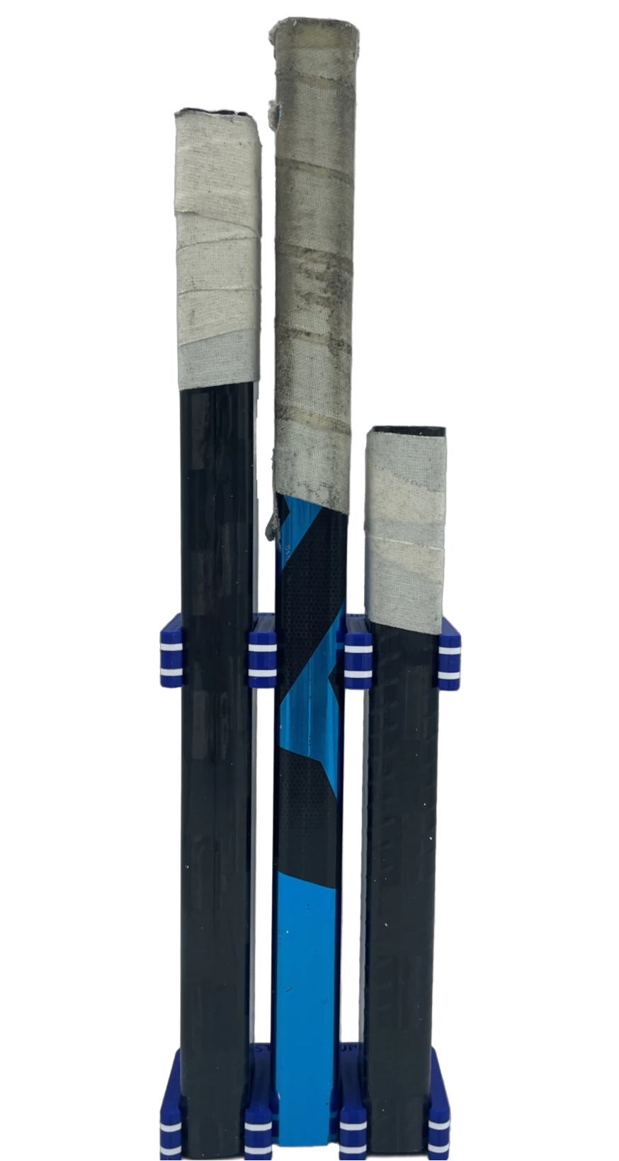 Three hockey sticks gripped with blue, white, and blue hockey Stick Em Ups on a transparent background