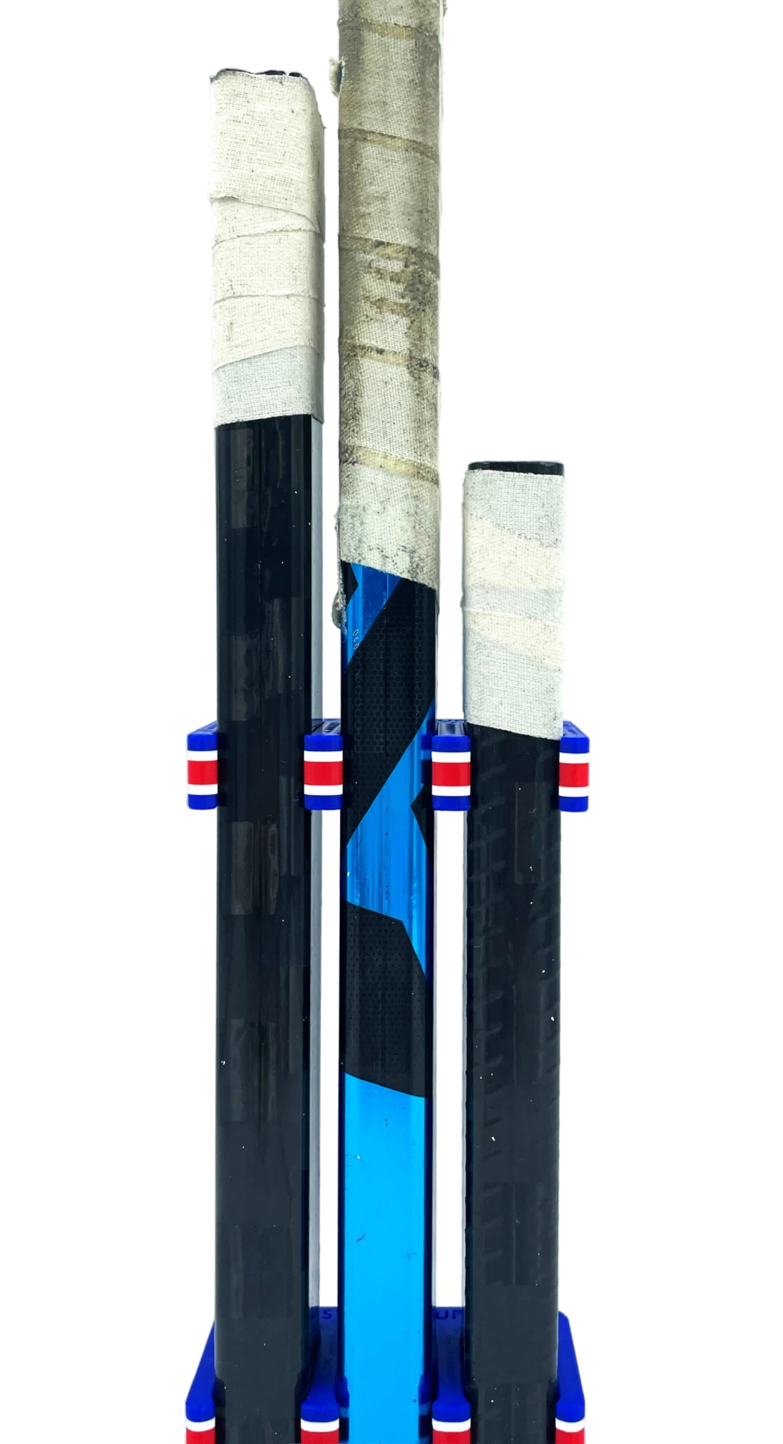 Three hockey sticks gripped with blue, white, and red Hockey Stick Em Ups on a transparent background