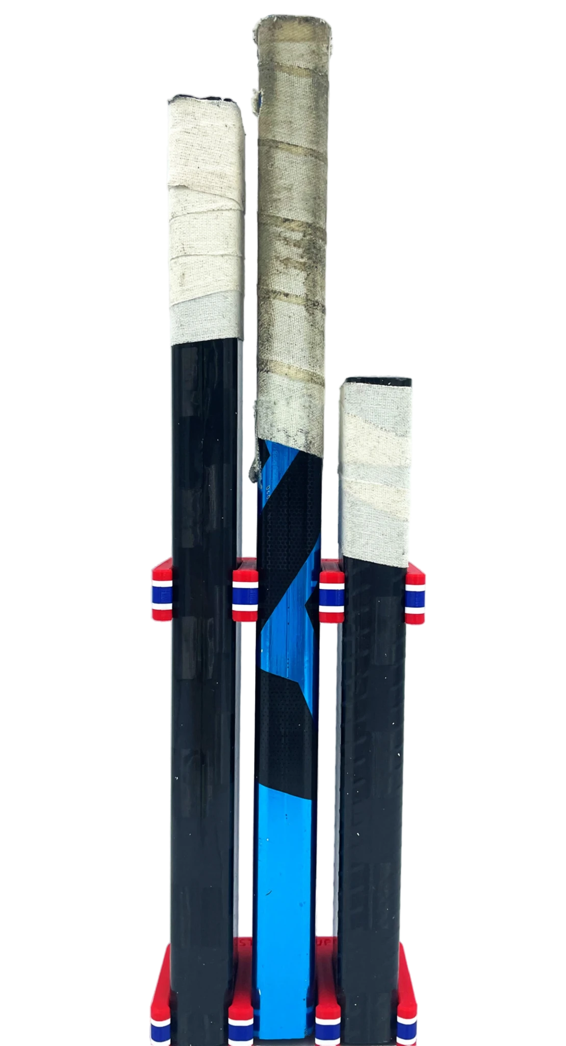 Three hockey sticks gripped with red, white, and blue Hockey Stick Em Ups on a transparent background