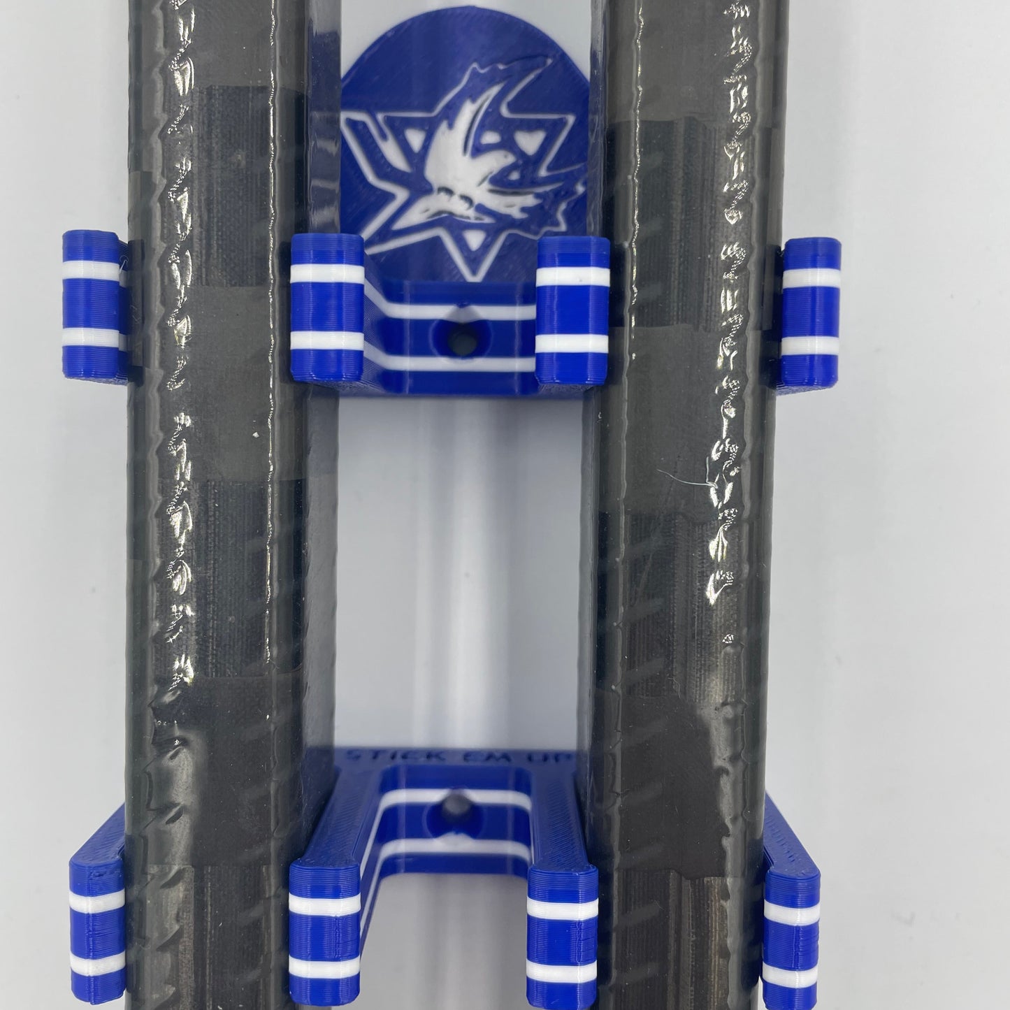 Team Israel Stick Em Ups mounted with two hockey sticks to demonstrate their IEHL (Israel Elite Hockey League) logo on the custom Stick Em Up Backing