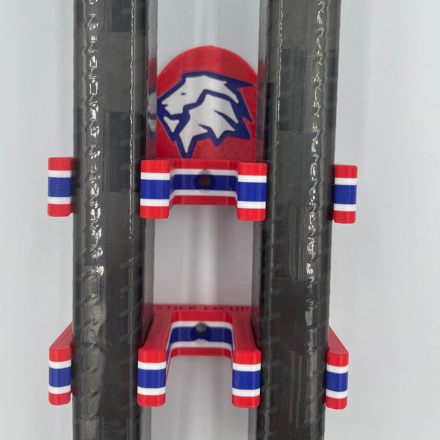 Jerusalem Capitals Stick Em Ups mounted with two hockey sticks to demonstrate their IEHL (Israel Elite Hockey League) logo on the custom Stick Em Up Backing