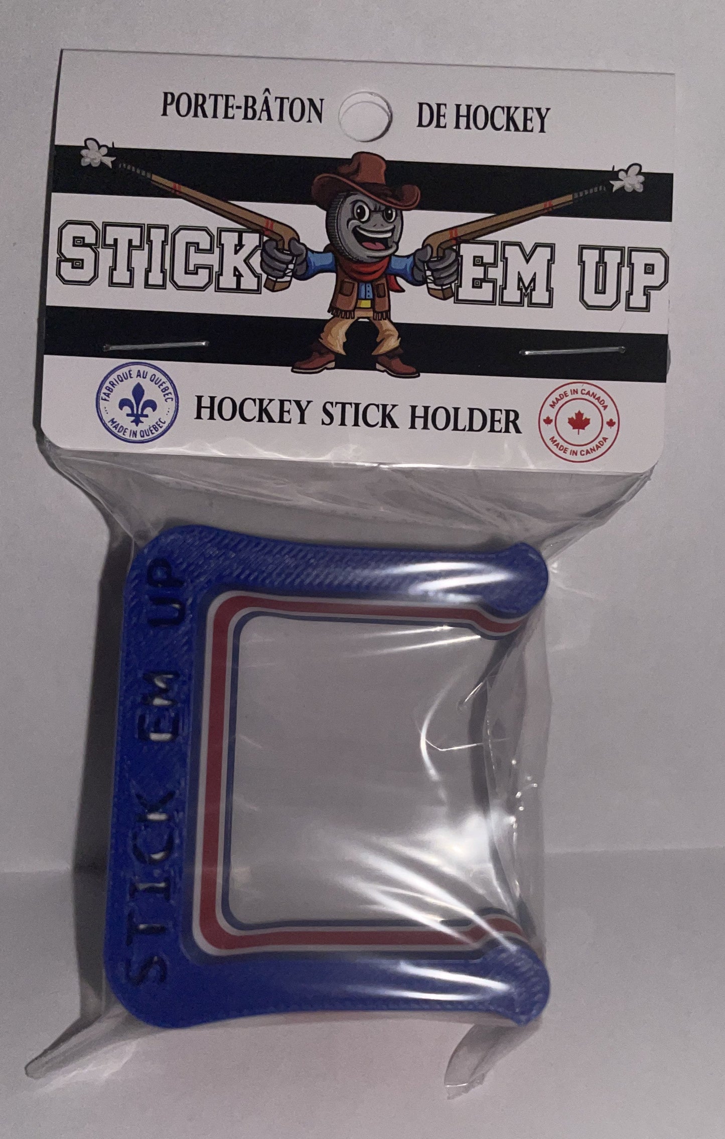 Blue, White, Red Hockey stick clip with packaging on a white background