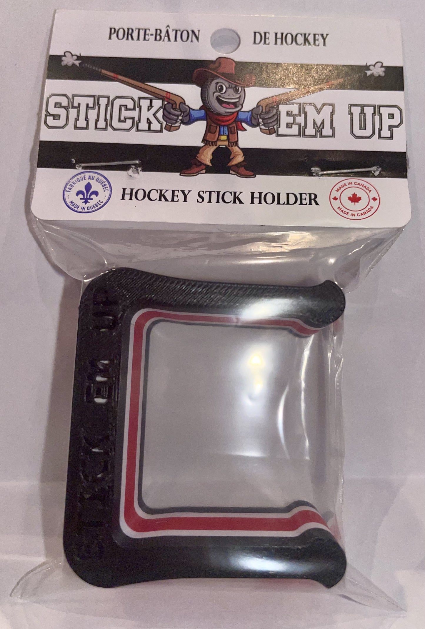 Black, White, Red Hockey stick clip with packaging on a white background