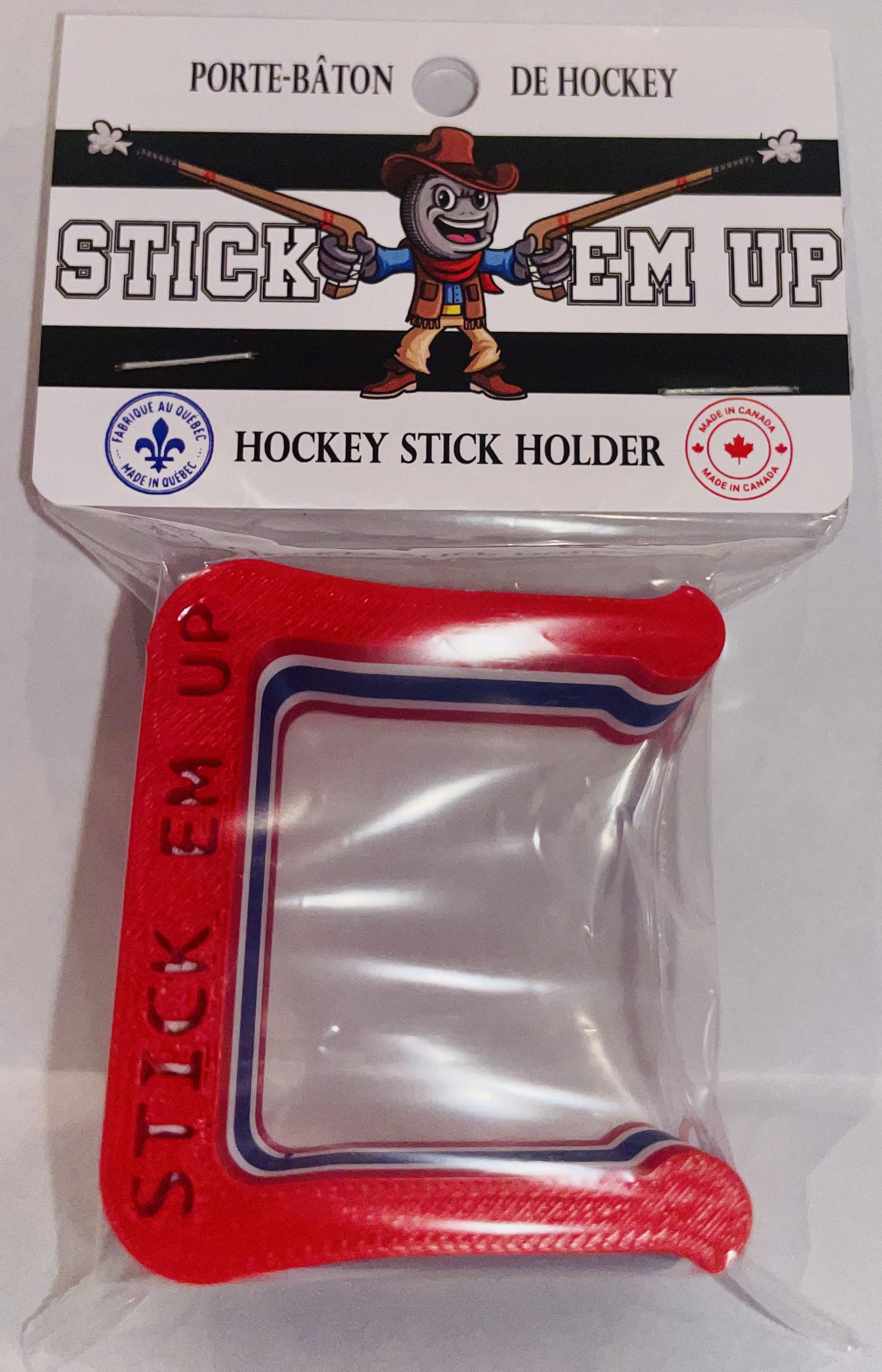 Red, White, Blue Hockey stick clip with packaging on a white background