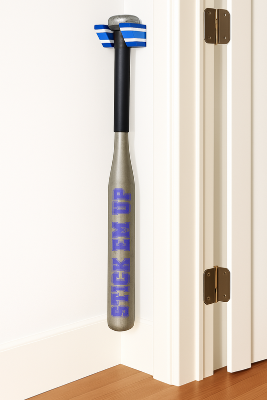 A Blue, White, and Blue Single Baseball Bat Holder Mounted against a wall near a doorframe.