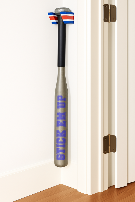 A Blue, White, and Red Single Baseball Bat Holder Mounted against a wall near a doorframe.