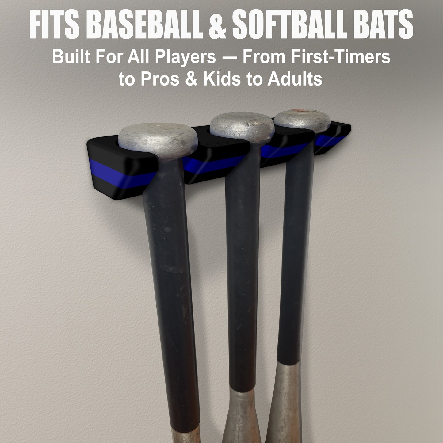 Police Baseball Stick Em Up™ Triple Bat Holder Bundle – Wall-Mounted – Black & Blue