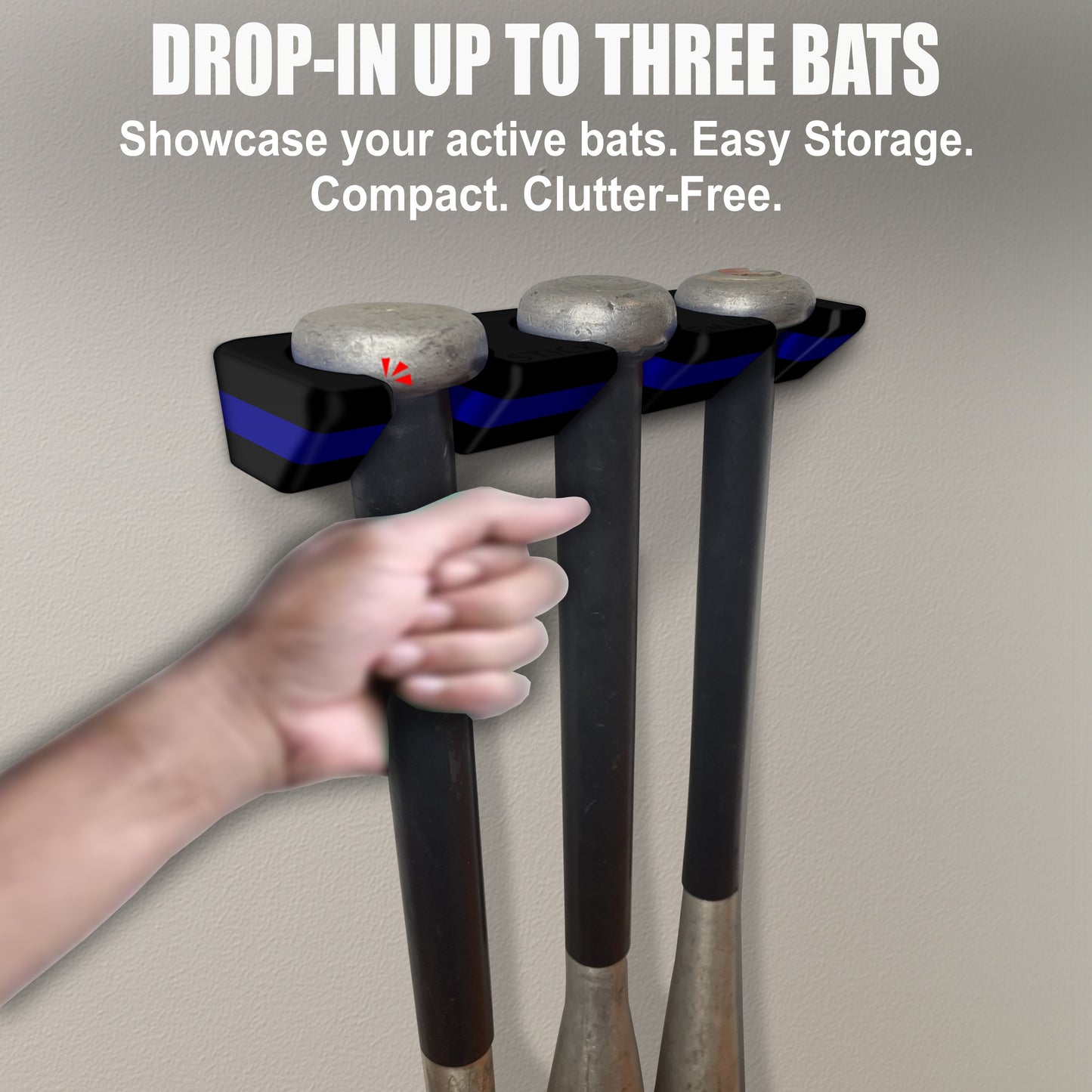 Police Baseball Stick Em Up™ Triple Bat Holder Bundle – Wall-Mounted – Black & Blue
