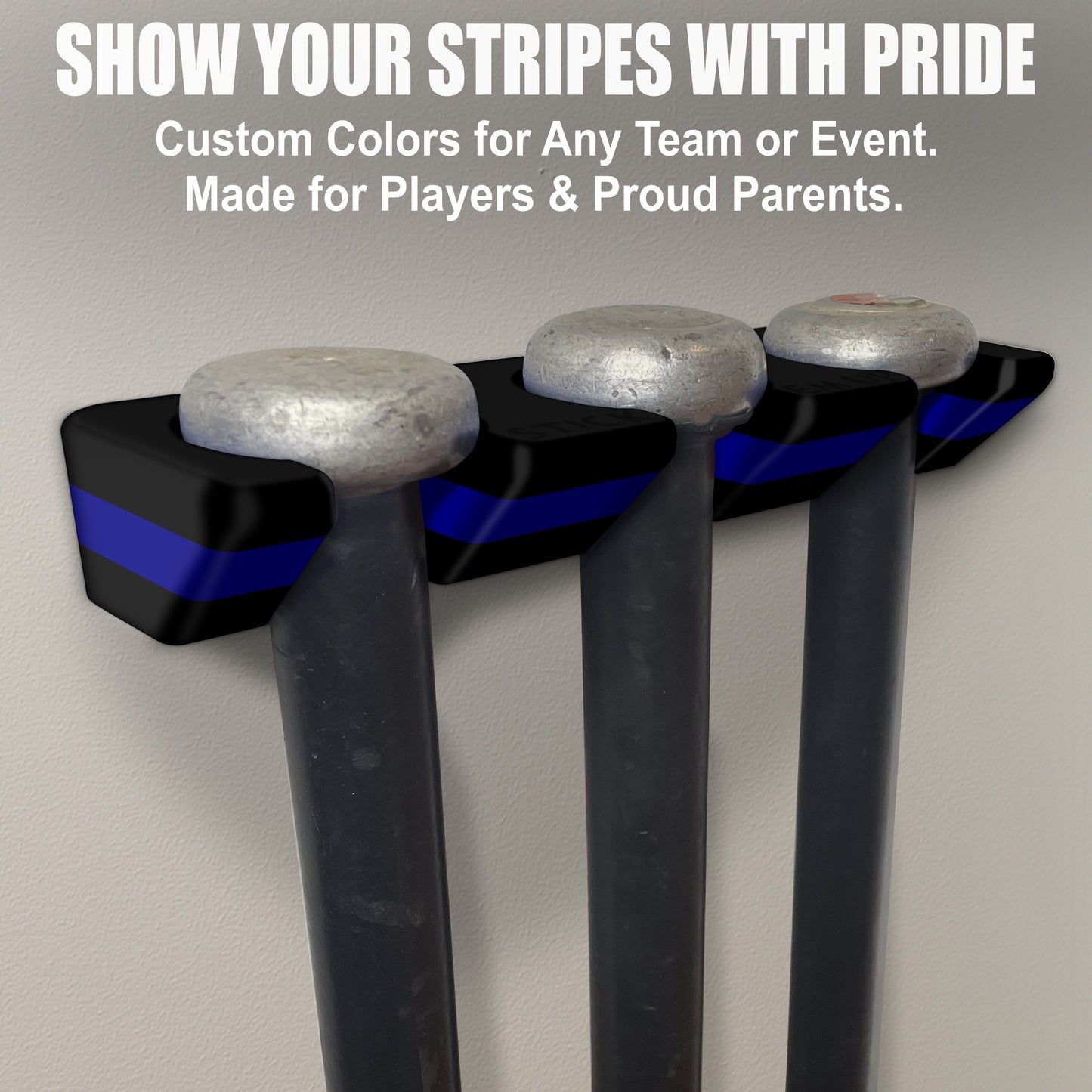 Police Baseball Stick Em Up™ Triple Bat Holder Bundle – Wall-Mounted – Black & Blue