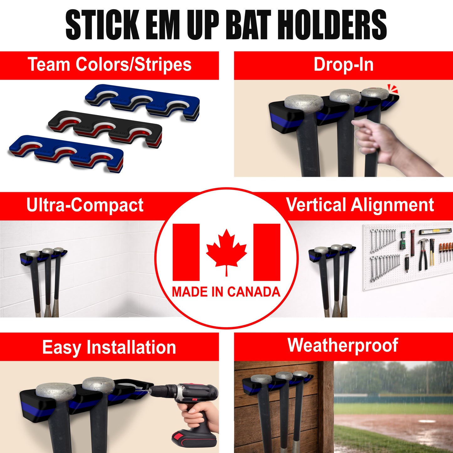 Police Baseball Stick Em Up™ Triple Bat Holder Bundle – Wall-Mounted – Black & Blue