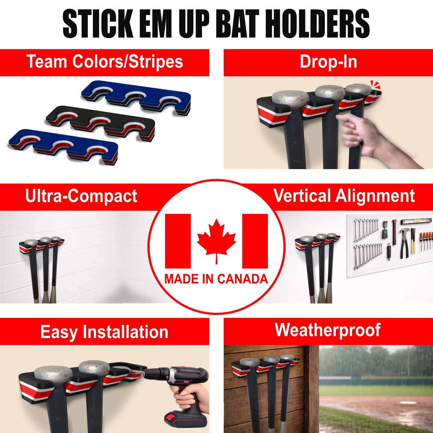 NDG Baseball Stick Em Up™ Triple Bat Holder Bundle – Wall-Mounted – Tri-Color