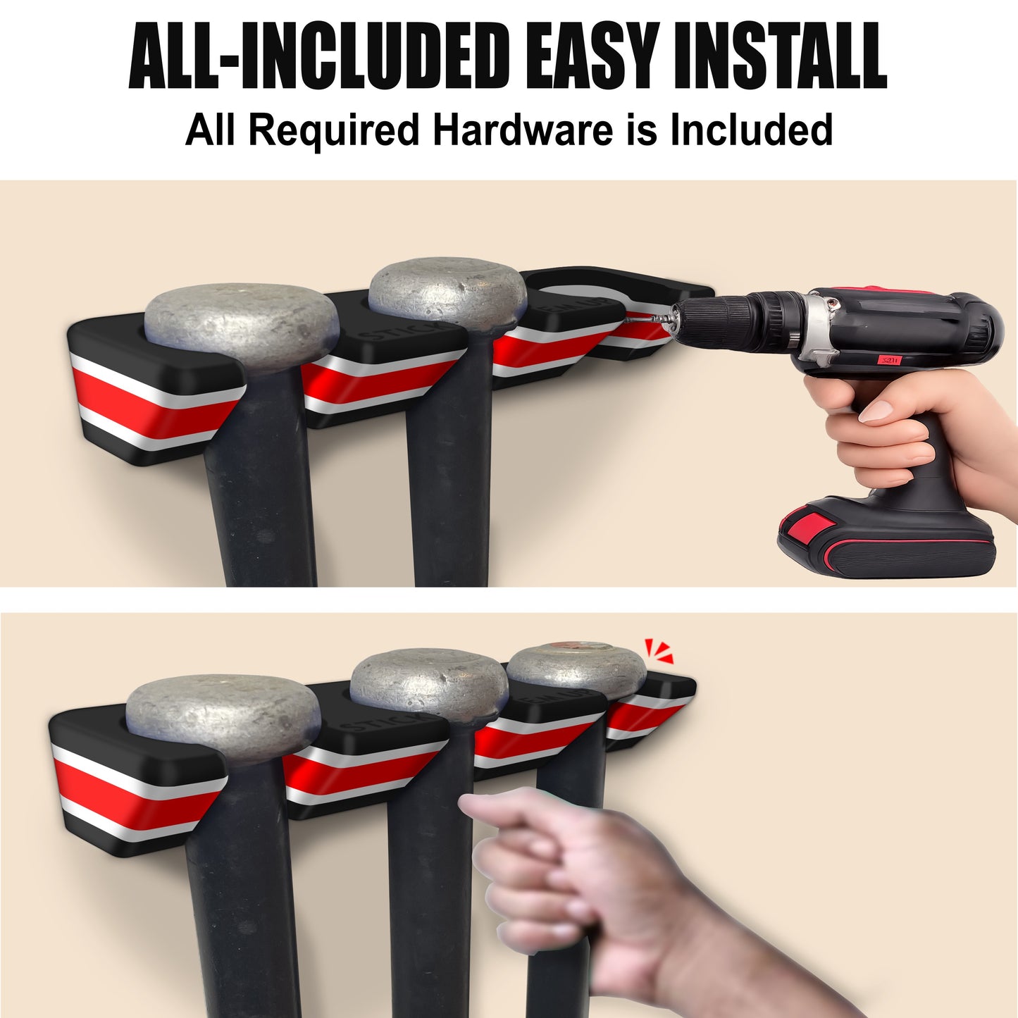 NDG Baseball Stick Em Up™ Triple Bat Holder Bundle – Wall-Mounted – Tri-Color