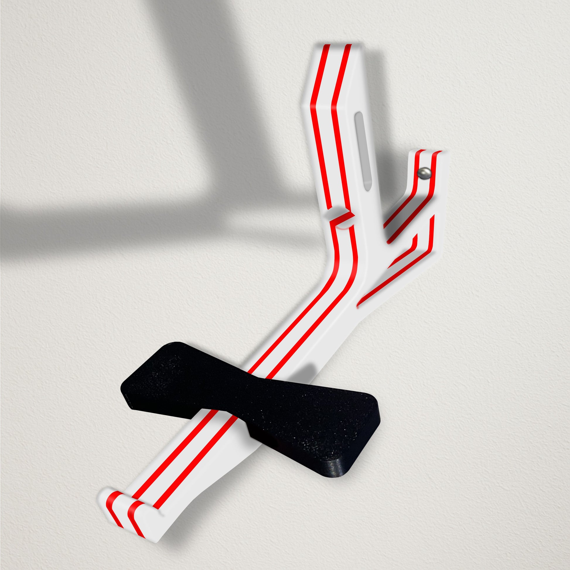 Angled baseball cap butler display organizer mount - white with red stripes on a clean wall