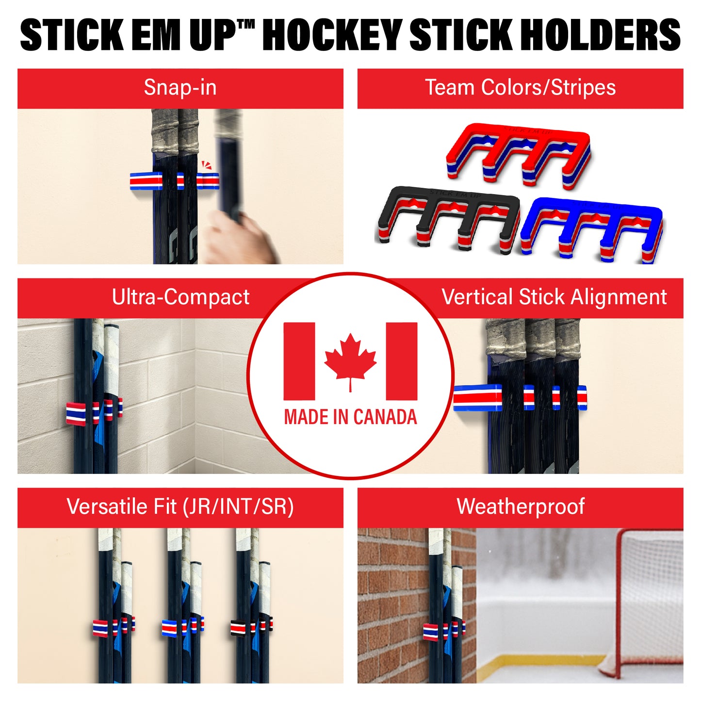 Police Stick Em Up™ Hockey Stick Display Mount – Black & Blue – 2-Piece System