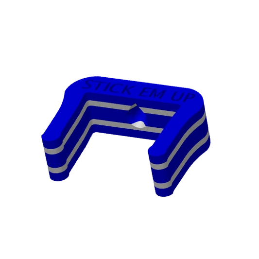 Isometric view of the blue, white and blue Stick Em Up Hockey Stick Showcase Mount