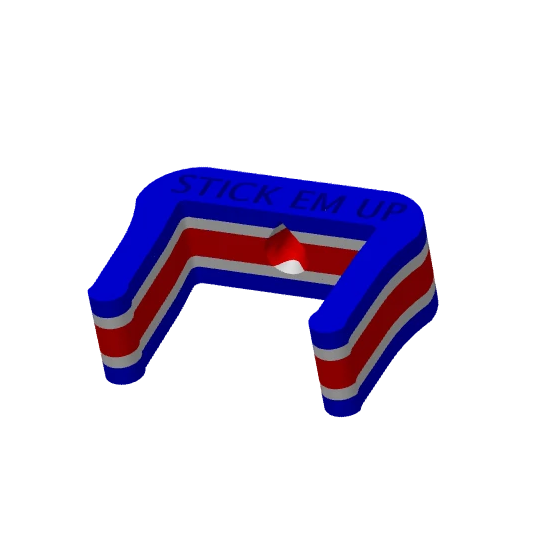 Isometric view of the blue, white and red Stick Em Up Hockey Stick Showcase Mount
