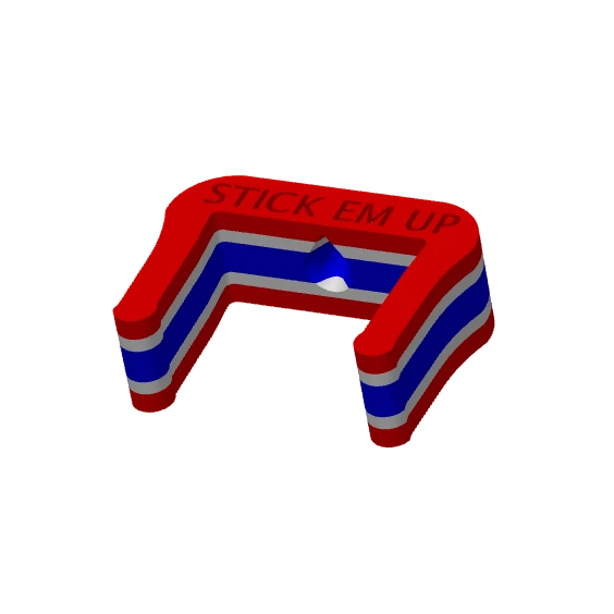 Isometric view of the red, white and blue Stick Em Up Hockey Stick Showcase Mount