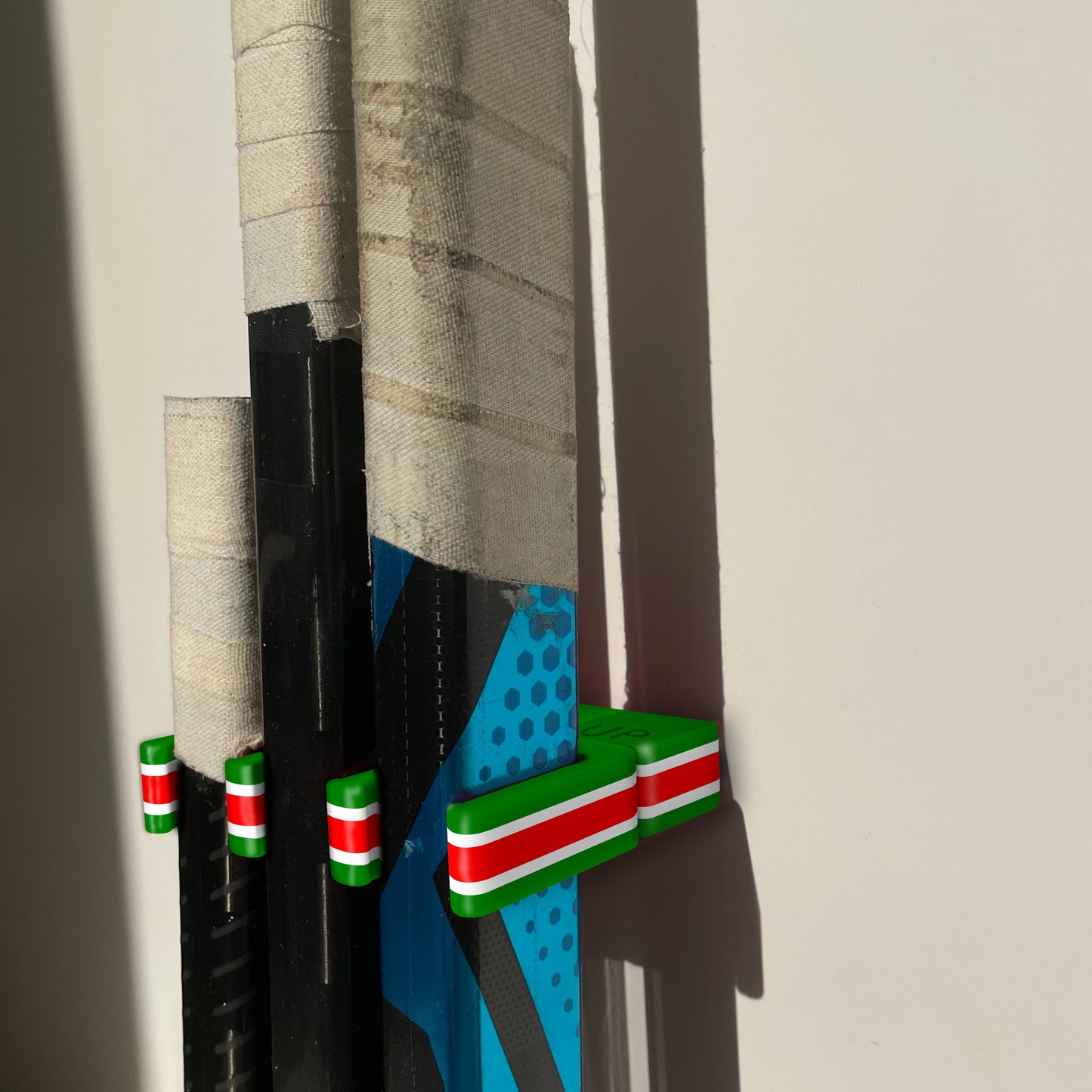 Stick Em Up™ Goalie Stick Holder Bundle – Tri-Color – Extended Wall Mount - Holiday Edition