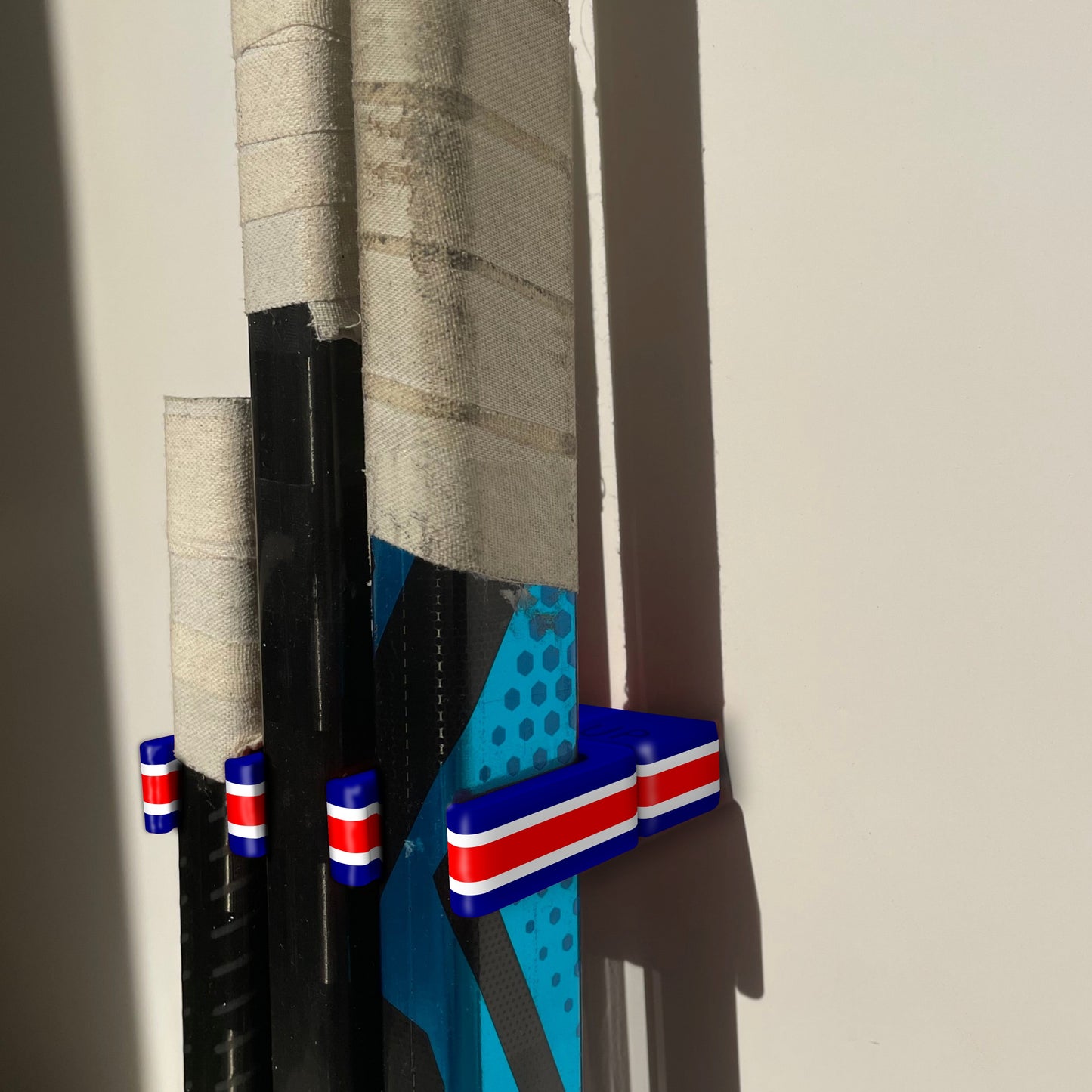 Stick Em Up™ Goalie Stick Holder Bundle – Tri-Color – Extended Wall Mount