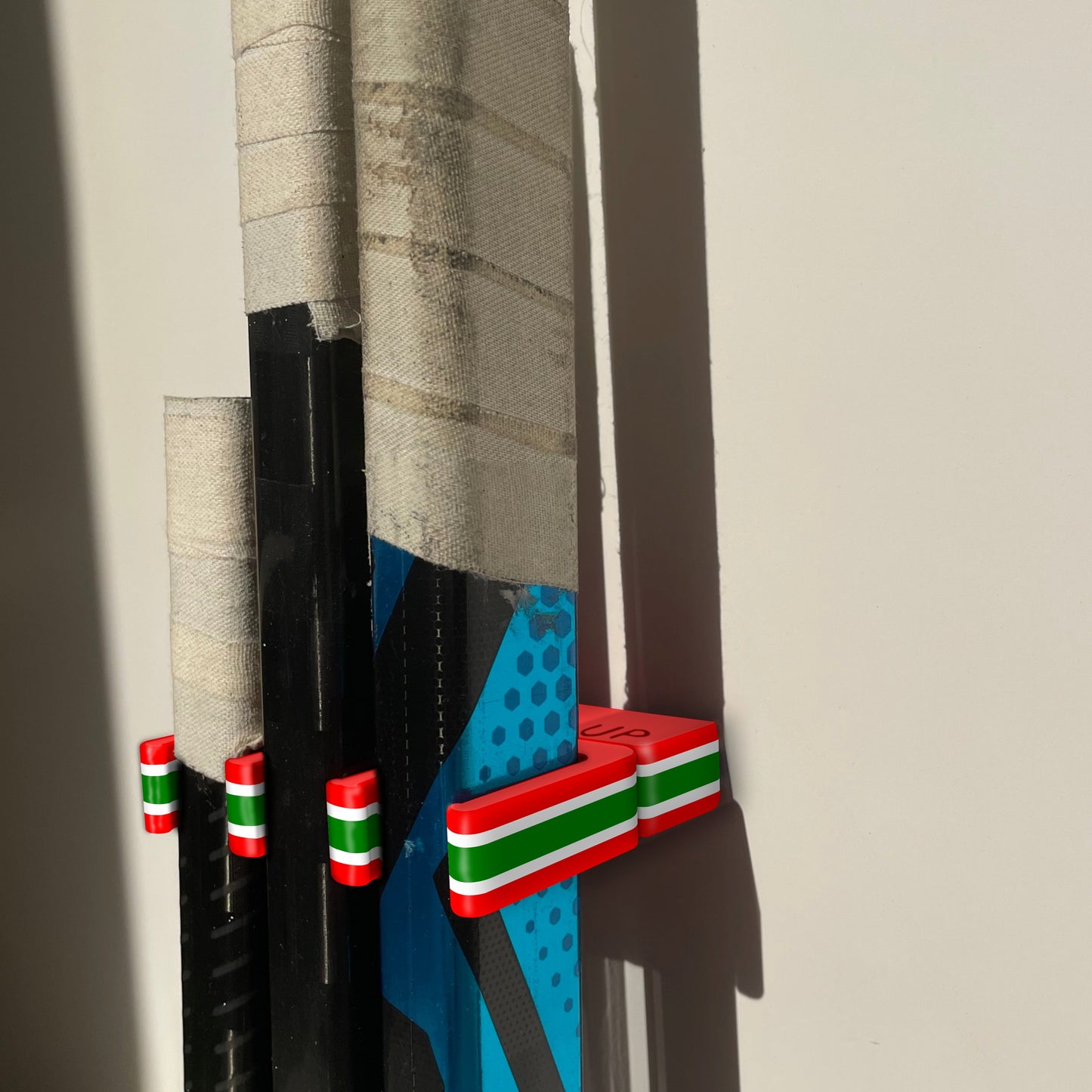 Stick Em Up™ Goalie Stick Holder Bundle – Tri-Color – Extended Wall Mount - Holiday Edition