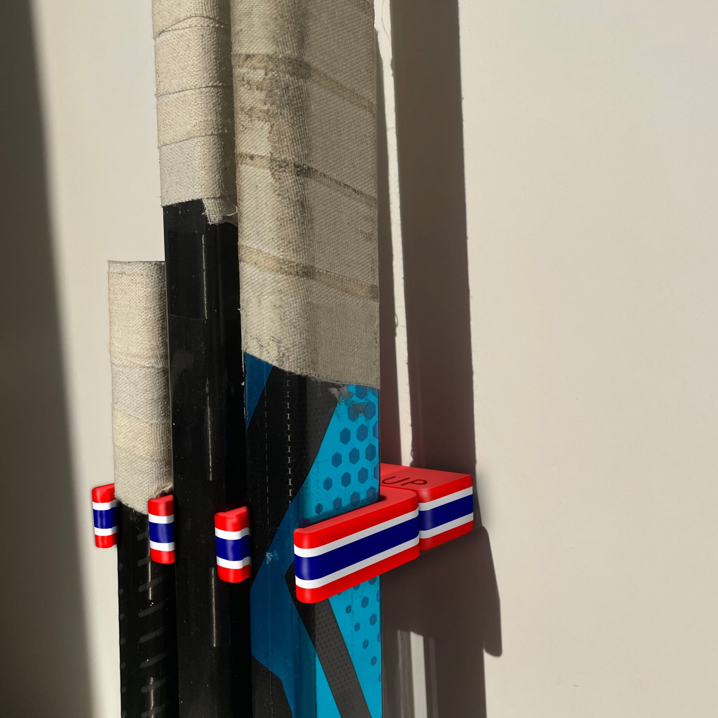 Stick Em Up™ Goalie Stick Holder Bundle – Tri-Color – Extended Wall Mount