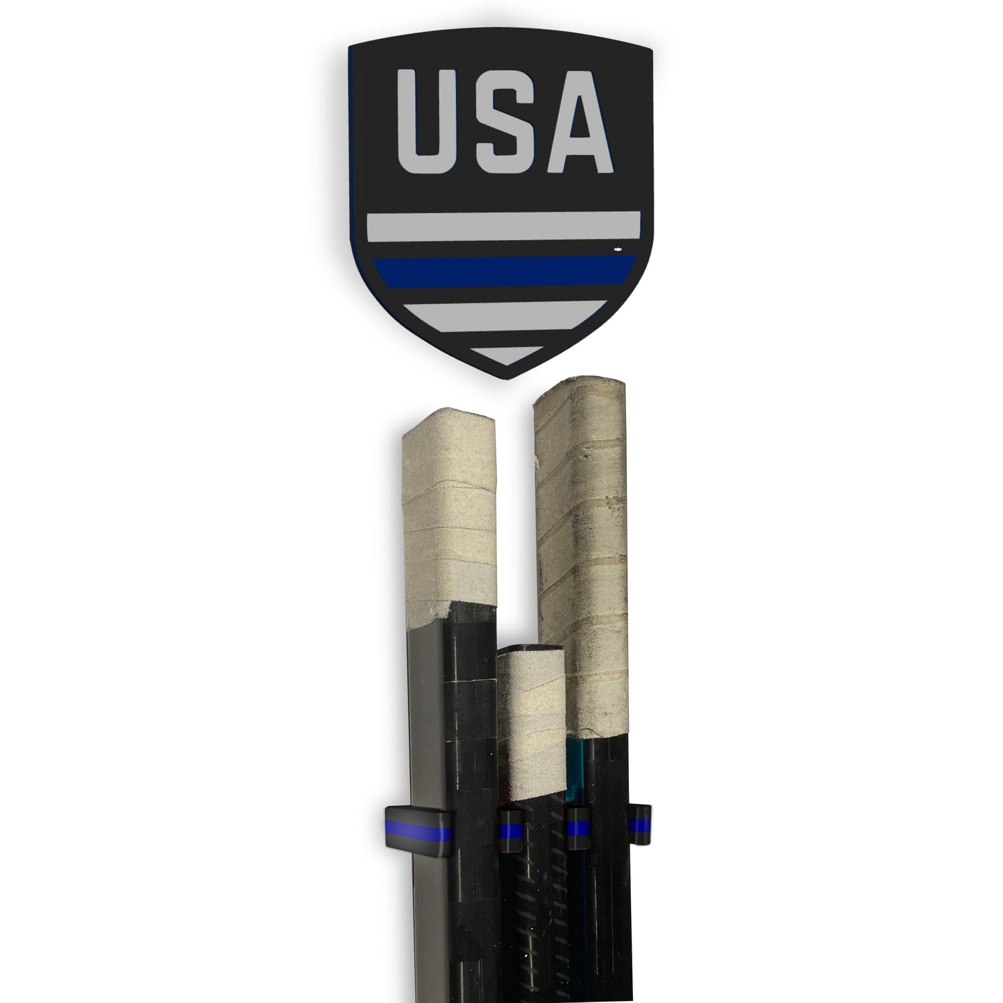Police Stick Em Up™ Hockey Stick Display Mount – Black & Blue – 2-Piece System