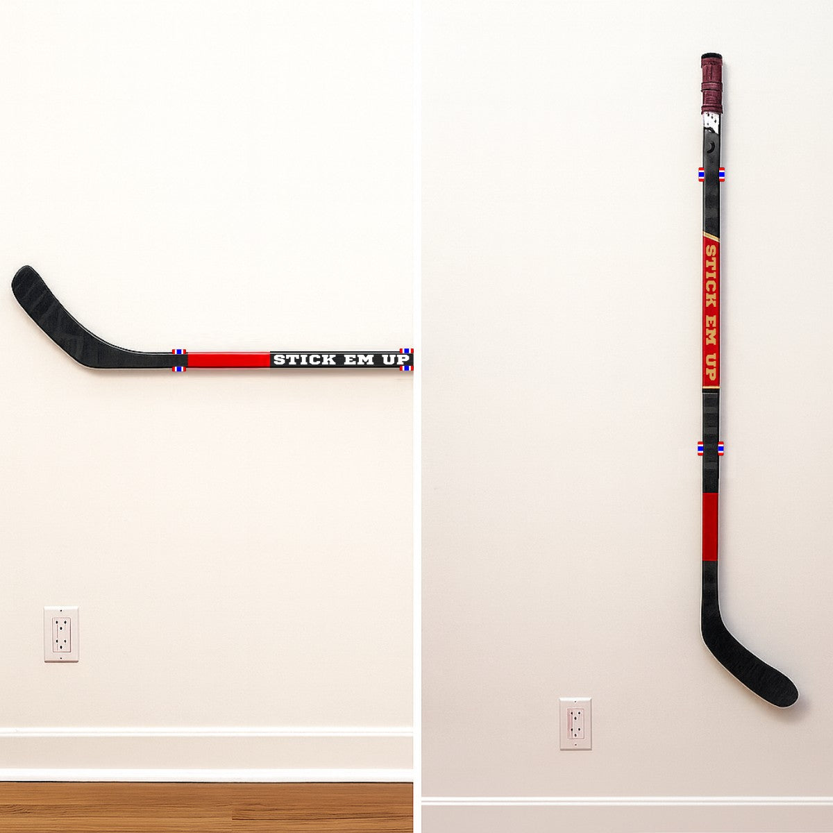 Hockey sticks mounted in horizontal and vertical configuration with the Stick Em Up hockey stick showcase  mount sporting the red, white, blue color pattern